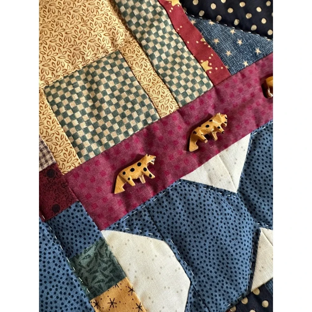Vtg Folk Art Noahs Ark Mini Quilt 16x24 Wall Hanging Primitive Handmade